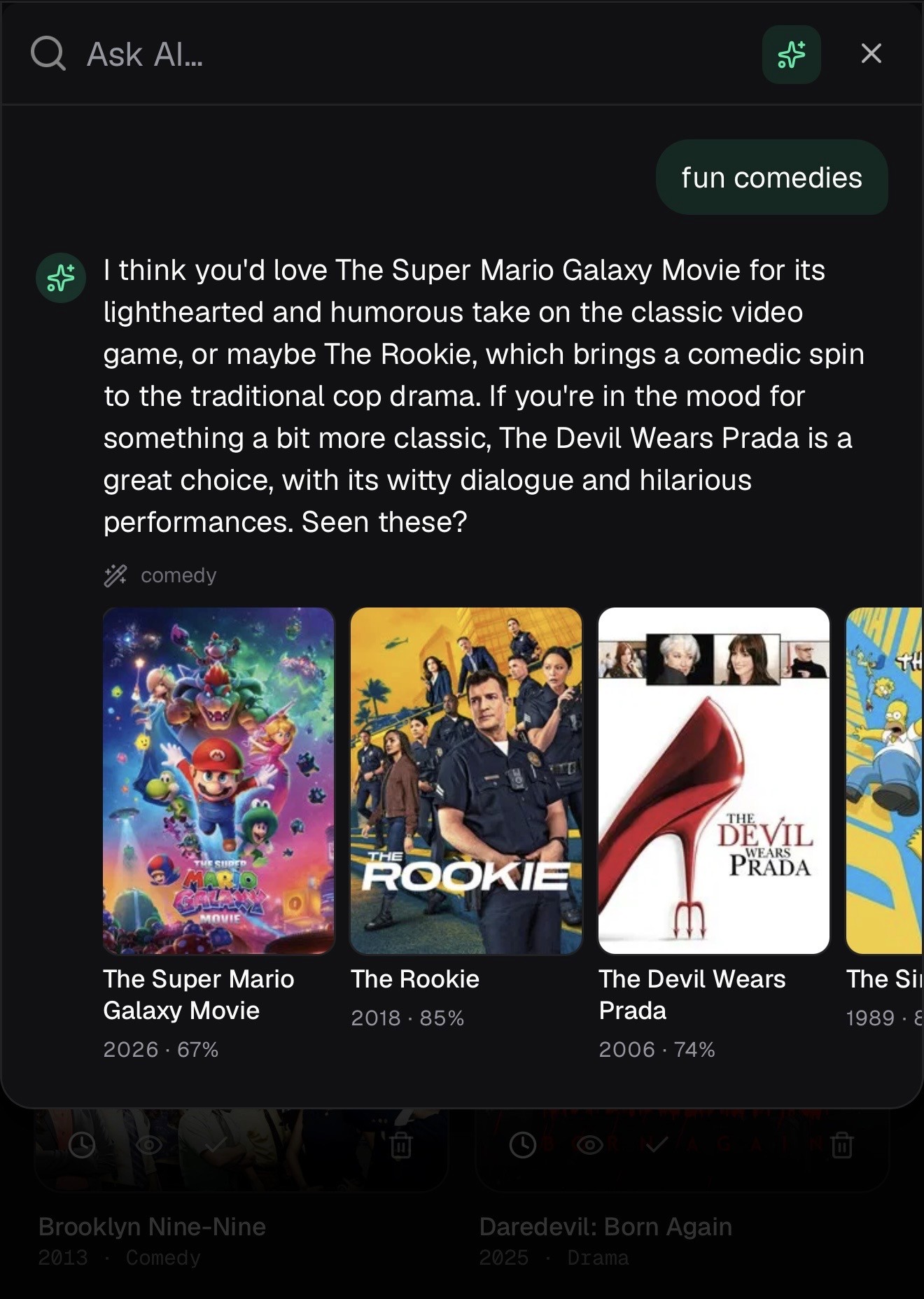 slate Ask AI mode: describe a vibe in the same palette and get matching titles back