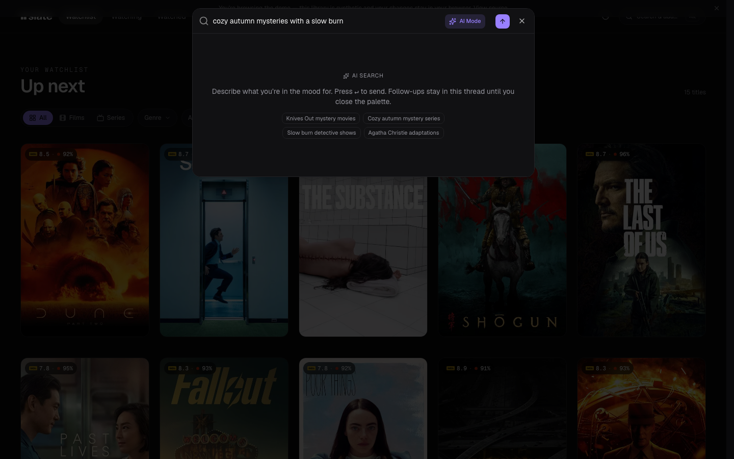 slate Ask AI mode — describe a vibe and get matches inside the same palette