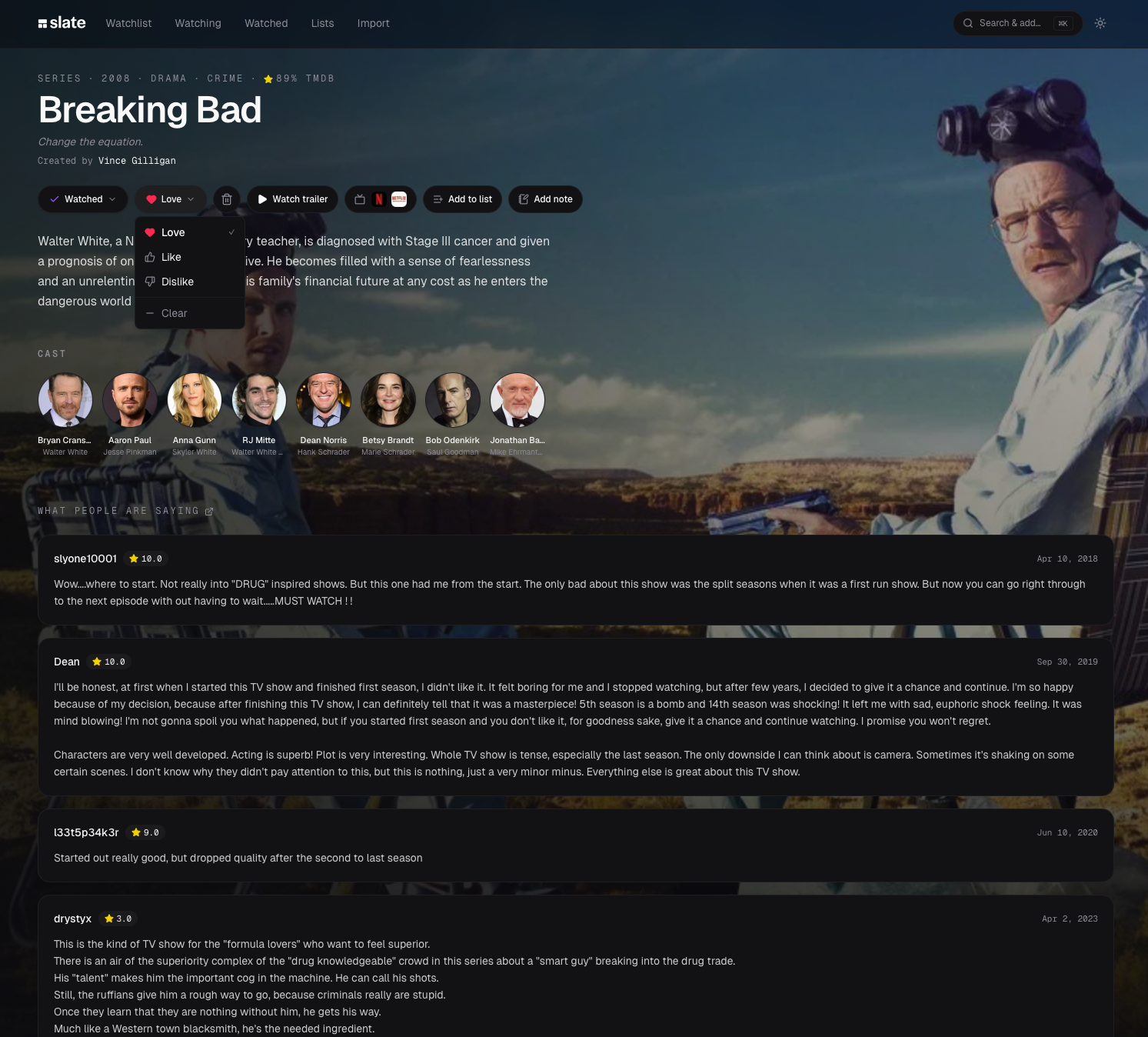 slate title detail view — critic scores, cast, and sentiment