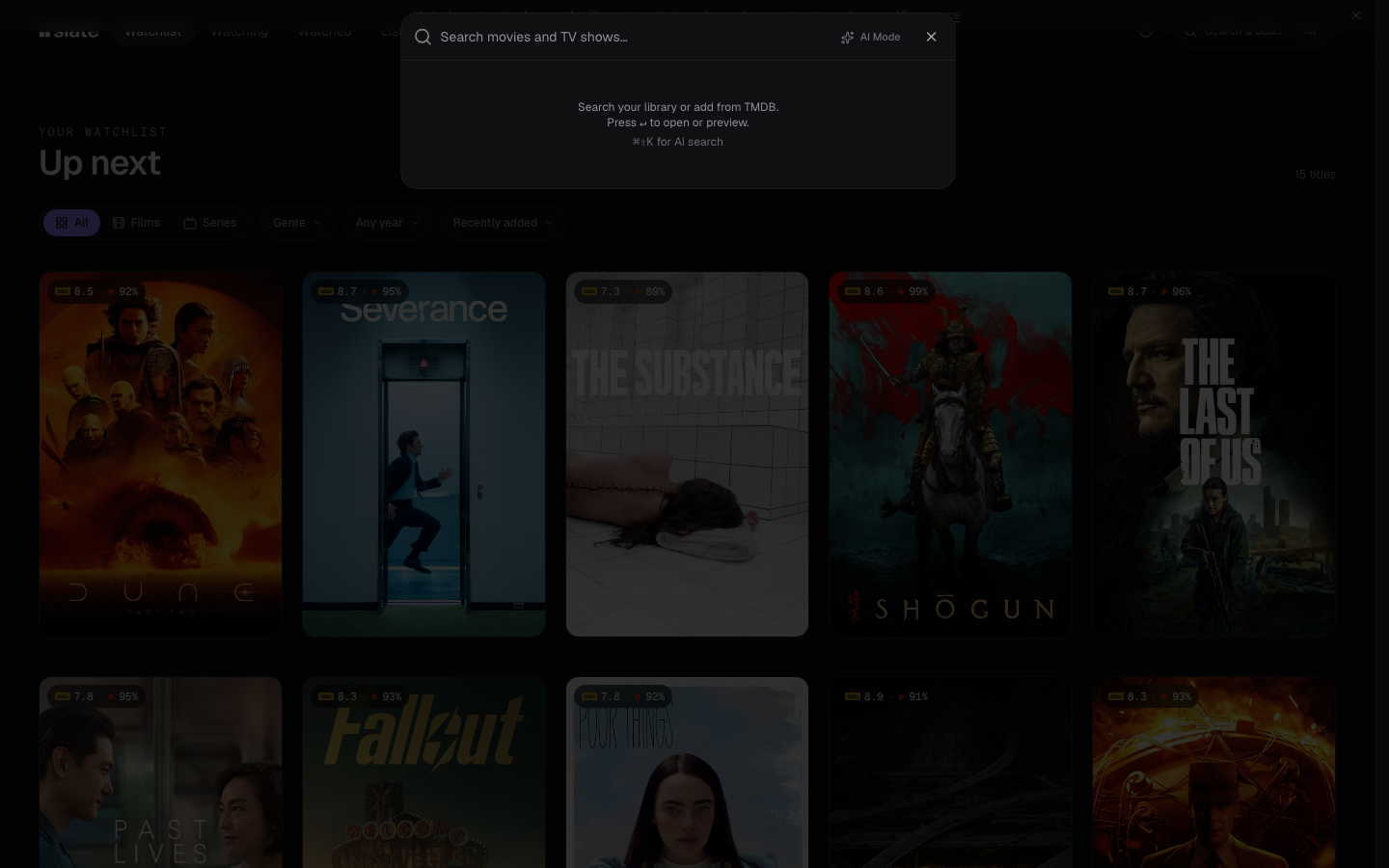 slate command palette — search and add a title in one keystroke