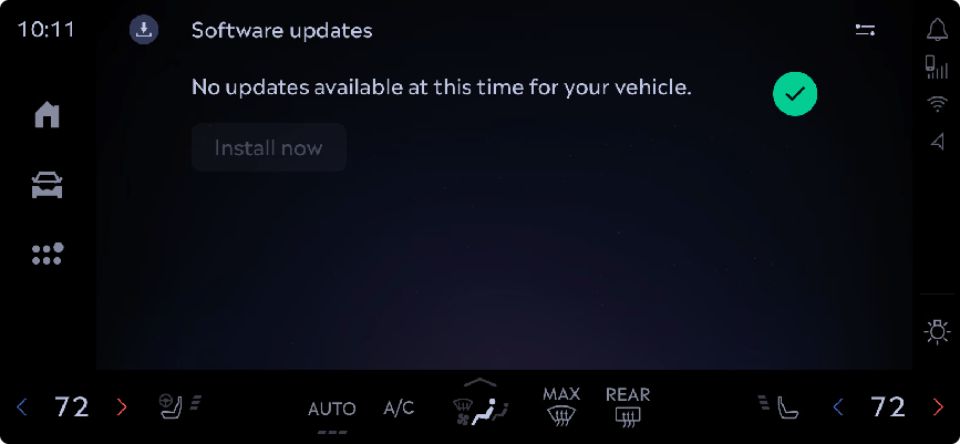 No updates available. The screen confirms the vehicle is already on the latest software