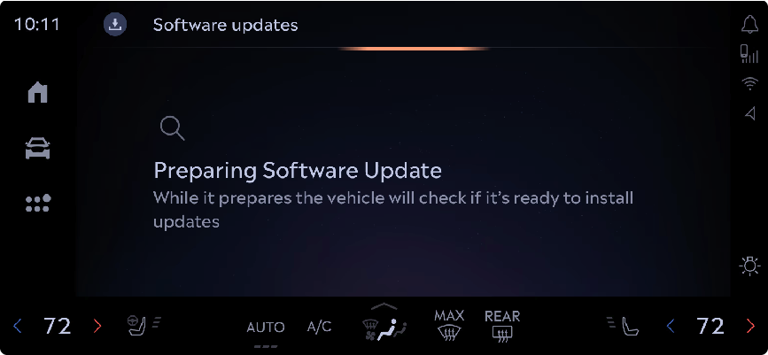 Preparing software update. The screen explains what's happening while the vehicle checks it's ready to install