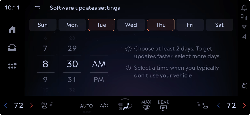 Setting the recurring update schedule by choosing days and a time the vehicle isn't typically in use