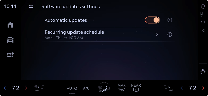 Software updates settings: automatic updates on, with a recurring overnight schedule